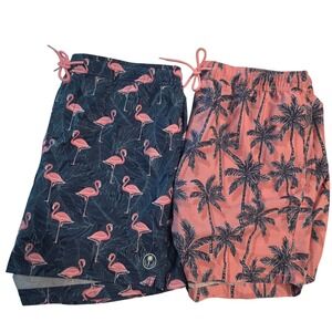 Lot of 2 Trinity Coast Mens Swim Trunks Pink Palm Navy Flamingo Tropical 2XL